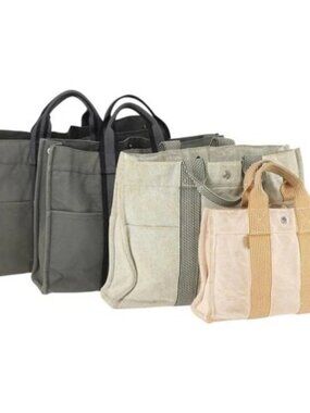 HERMES Fourre Tout Hand Bag Canvas 4 Set Gray Beige Auth 149837